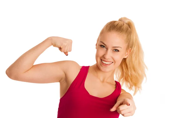 Cute Young Woman Gestures Power Isolated White Background — Stock Photo, Image