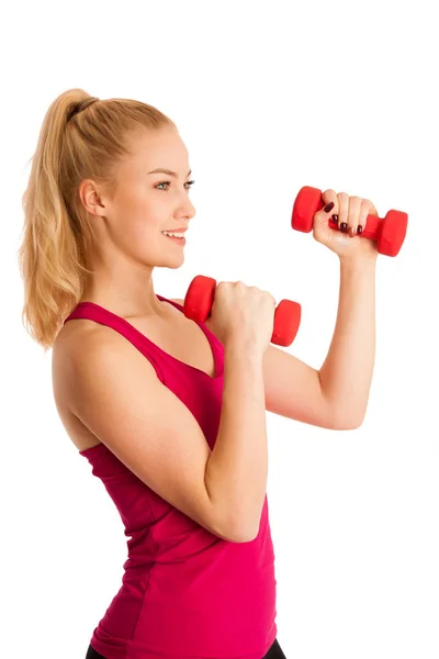 Cute Young Blond Woman Working Out Fitness Gym Isolated White — Stock Photo, Image