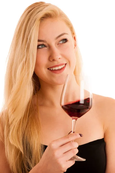 Cute Blonde Woman Drinks Glass Red Wine Isolated White Background — Stock Photo, Image