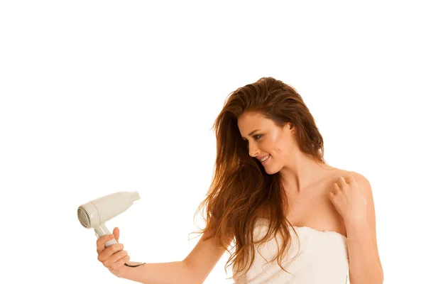 Beautiful Young Woman Dries Hair Blow Dryer — Stock Photo, Image