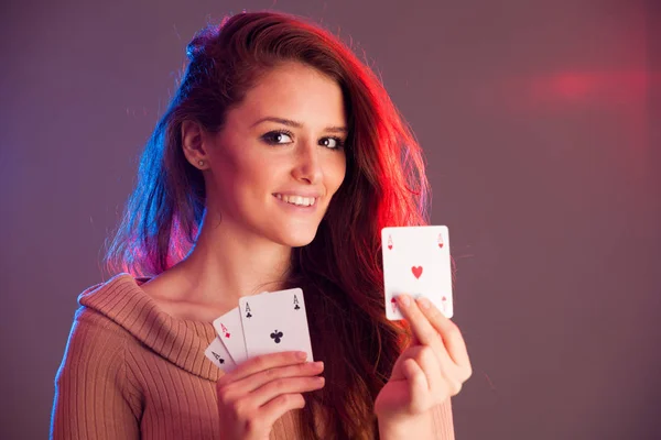 Beautiful Brunette Holding Four Aces Sign Poker Game Gambling Casino — Stock Photo, Image