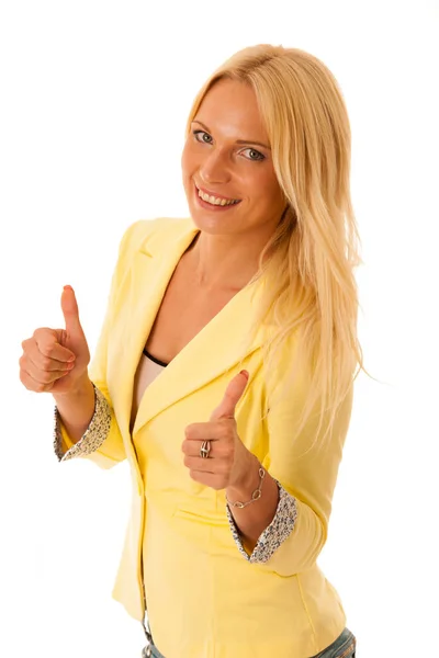 成功的商界女强人显示拇指为一个胜利的手势 — 图库照片