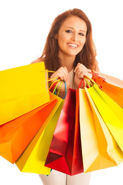 Woman Shopping Bags Successful Purchase Sale Isolated White — Stock Photo, Image