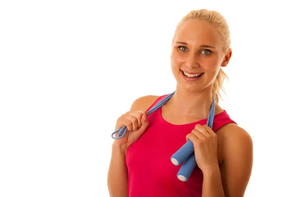 Mujer Forma Entrenar Con Cuerda Velocidad Aislada Sobre Blanco —  Fotos de Stock