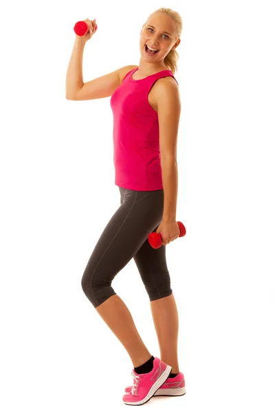 健康的生活方式运动取得成功 合适的金发碧眼女人与哑铃锻炼 — 图库照片