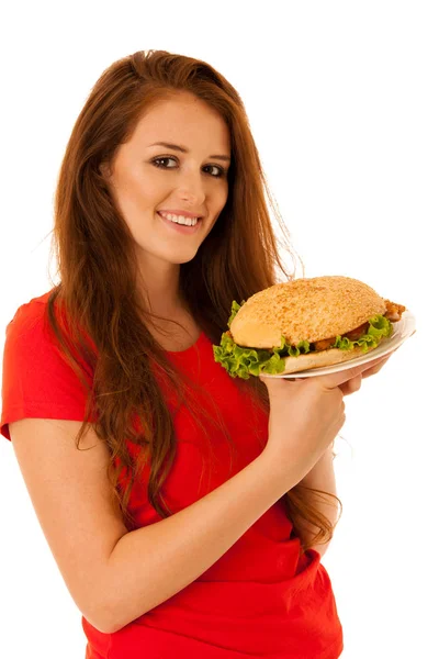 Unhealthy Meal Happy Young Woman Eats Hamburger Isolated White — Stock Photo, Image