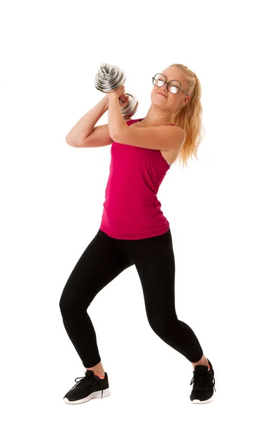 Fitnes Mujer Joven Rubia Haciendo Ejercicio Con Mancuernas Aisladas Sobre —  Fotos de Stock