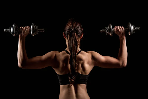 Atractive Fit Woman Works Out Dumbbells Fitness Conceptual Dark Background — Stock Photo, Image