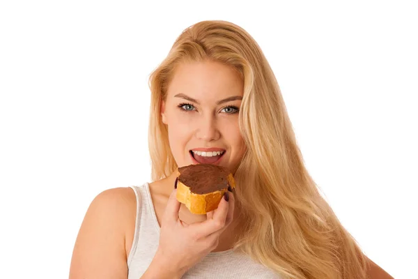 Jonge Blonde Vrouw Eten Ontbijt Brood Noga Verspreid Geïsoleerd Witte — Stockfoto