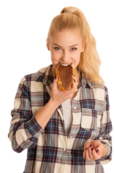 Jonge Blonde Vrouw Eten Ontbijt Brood Noga Verspreid Geïsoleerd Witte — Stockfoto