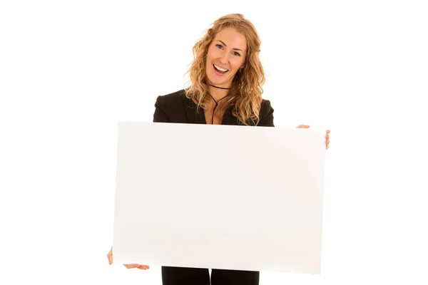 Sign board. Woman holding big white blank card. Positive emotion — Stock Photo, Image