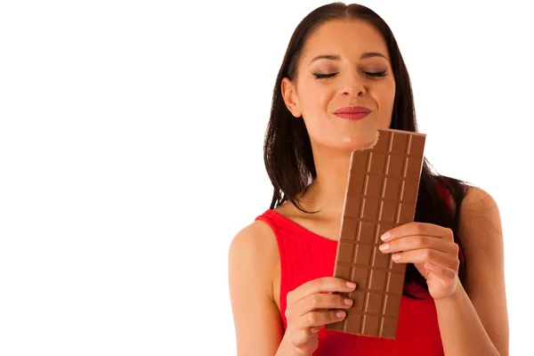 Beautiful Young Woman Eats Chocolate Isolated White Background — Stock Photo, Image