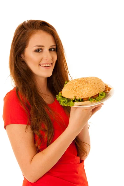 Unhealthy Meal Happy Young Woman Eats Hamburger Isolated White Stock Picture