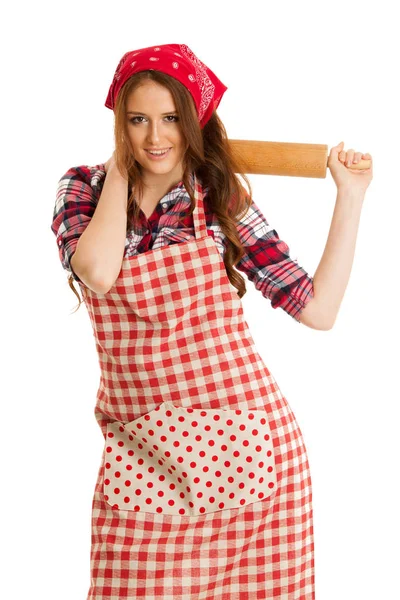 Hermosa mujer joven sostiene rodillo de cocina aislado sobre blanco b —  Fotos de Stock