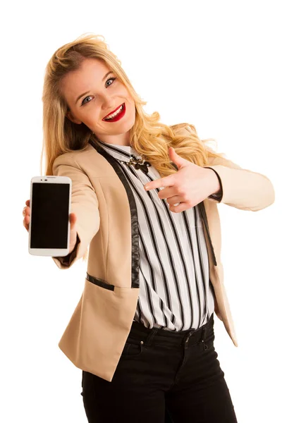 Kadını Gösteren Akıllı Telefon Ile Boş Göstermek Metin Veya Ticari — Stok fotoğraf