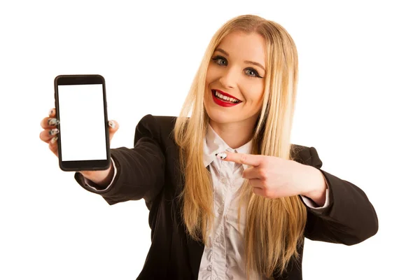 Business woman showing smart phone with blank display for text o — Stock Photo, Image