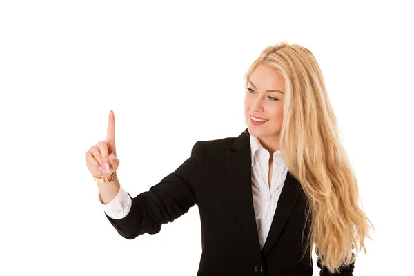 Mujer presionando botón virtual aislado sobre blanco — Foto de Stock