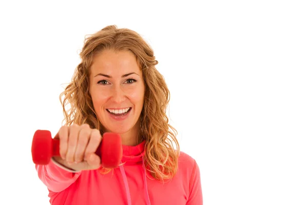 Leuke jonge blonde vrouw trainen in de fitnessruimte geïsoleerd via — Stockfoto