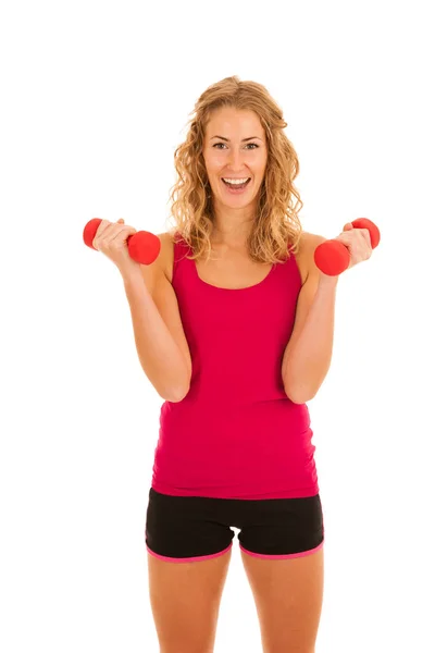 Roztomilá mladá blond žena cvičit v posilovně fitness nad, samostatný — Stock fotografie