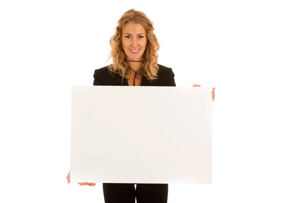 Sign board. Woman holding big white blank card. Positive emotion — Stock Photo, Image