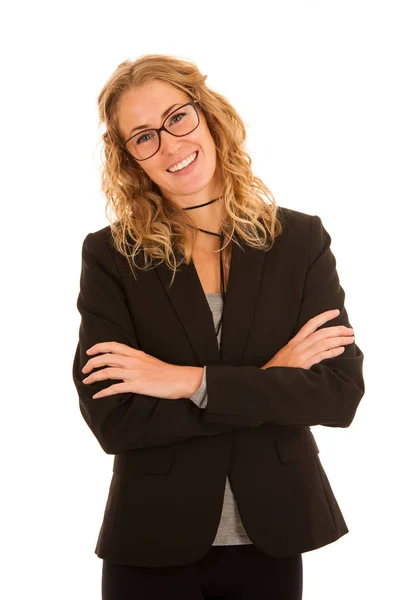 Fiatal üzletasszony, elszigetelt, felett, fehér háttérben szem szemüveg — Stock Fotó