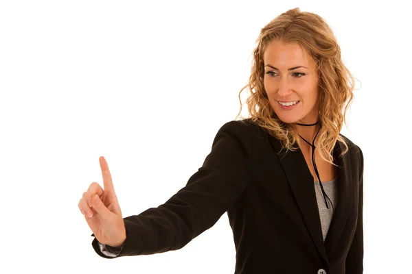 Young busienss woman pressing virtual button isolated over white — Stock Photo, Image