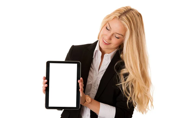 Beautiful business woman working on tablet computer isolated ove — Stock Photo, Image