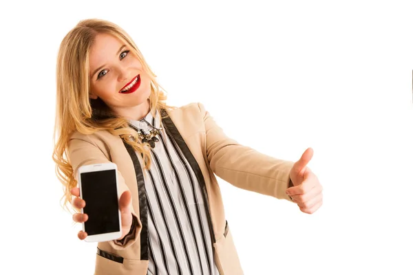 Business woman showing smart phone with blank display for text o — Stock Photo, Image