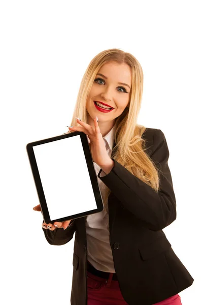 Business woman showing tablet with blank display for text or com — Stock Photo, Image