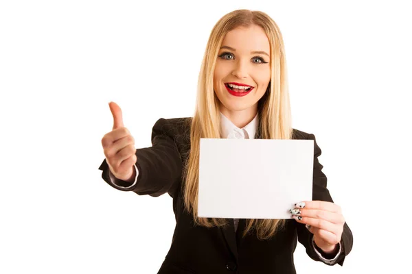 Cute young business woman golds blank paper with place for adver — Stock Photo, Image