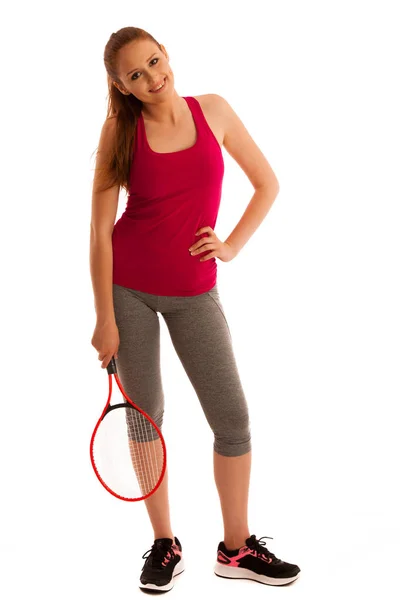 Tennis - donna in forma con racchetta isolata su sfondo bianco — Foto Stock