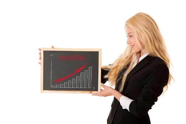 Business woman holding a blank blackboard - teacher — Stock Photo, Image