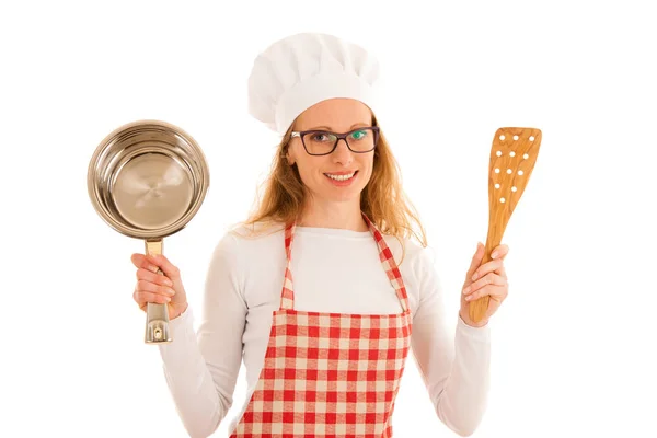 Belo estúdio de cozinha jovem chef isolado sobre backgrou branco — Fotografia de Stock