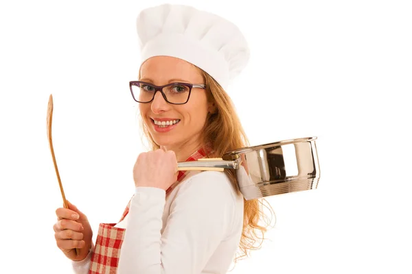 Красива молода кулінарна студія шеф-кухаря ізольована на білому фоні — стокове фото