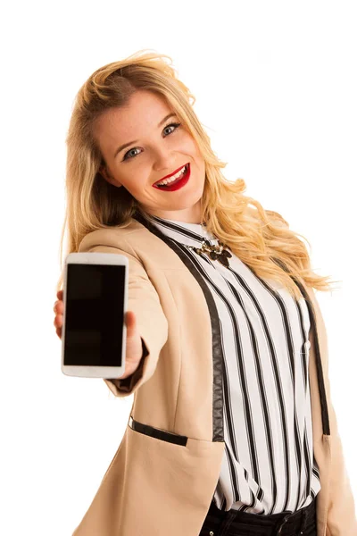 Üzleti nő találat szúró telefon-val üres képernyő, a szöveg o — Stock Fotó