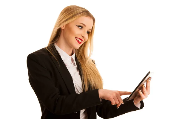 Beautiful business woman browsing web on her tablet isolated ove — Stock Photo, Image