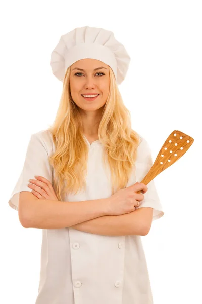 Jeune belle femme chef blonde debout isolé sur blanc b — Photo