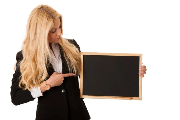 Mulher de negócios segurando um quadro negro em branco - professor — Fotografia de Stock