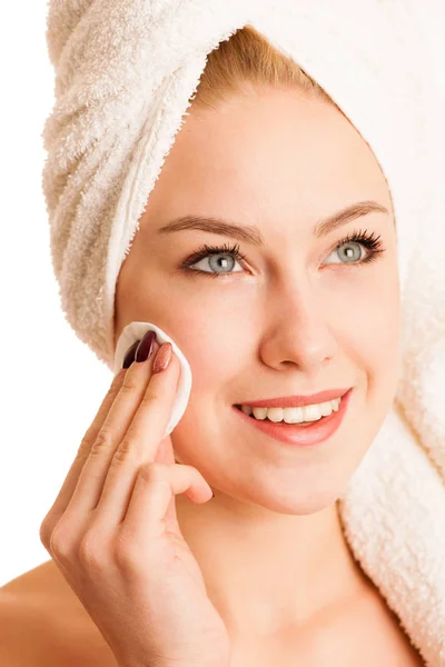 Skin care - beautiful young woman nurturing her skin isolated ov — Stock Photo, Image