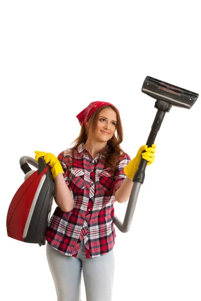 Happy woman cleans with vacuum cleaner isolated over white backg — Stock Photo, Image