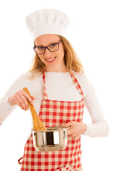 Beautifulyoung chef-kok koken studio geïsoleerd over witte CHTERGRO — Stockfoto