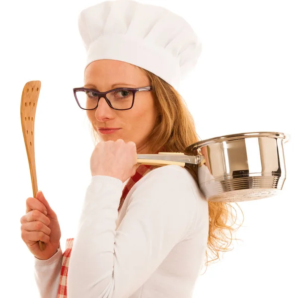 Belo estúdio de cozinha jovem chef isolado sobre backgrou branco — Fotografia de Stock