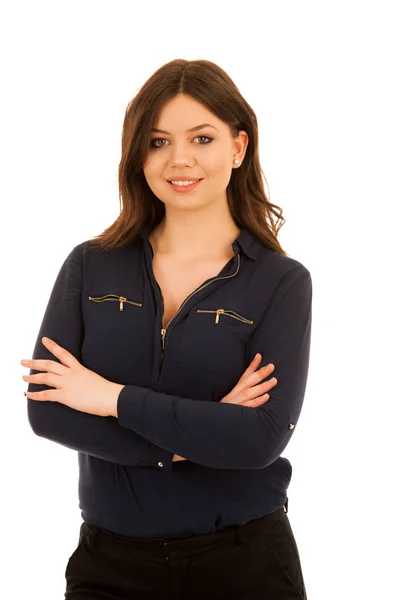 Aantrekkelijke jonge vrouw in blauw shirt isoalted over Wit — Stockfoto