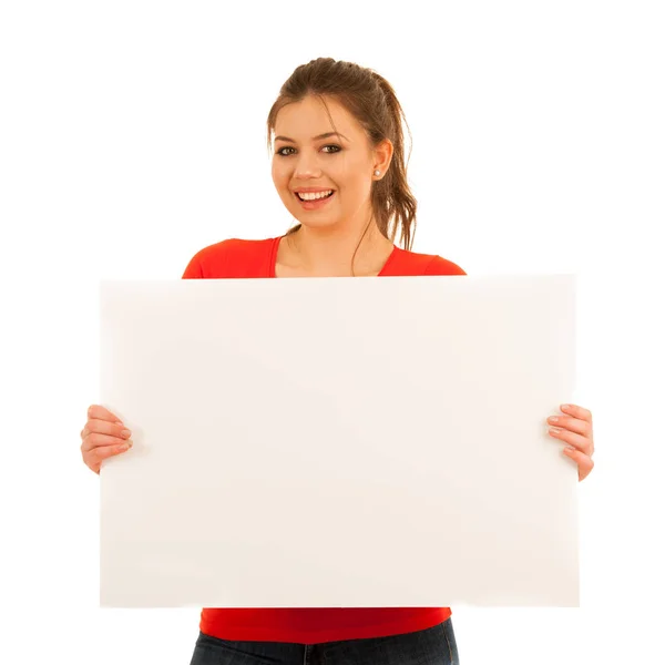 Jovem mulher segurando placa branca isolado sobre fundo branco — Fotografia de Stock