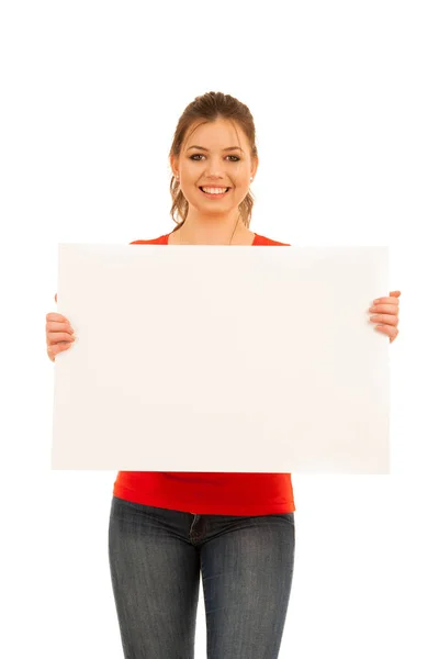 Jovem mulher segurando placa branca isolado sobre fundo branco — Fotografia de Stock