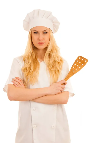 Молода красива блондинка шеф-кухарка стоїть ізольовано над білим б — стокове фото