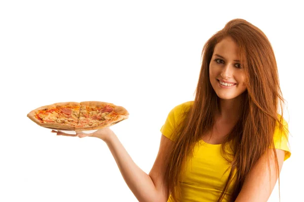 Kvinna äter läcker pizza isolerad över vit bakgrund — Stockfoto