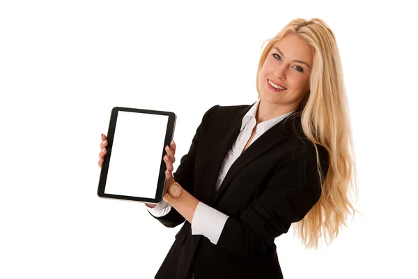 Biznes kobieta pracuje na tablet komputer na białym tle ove — Zdjęcie stockowe