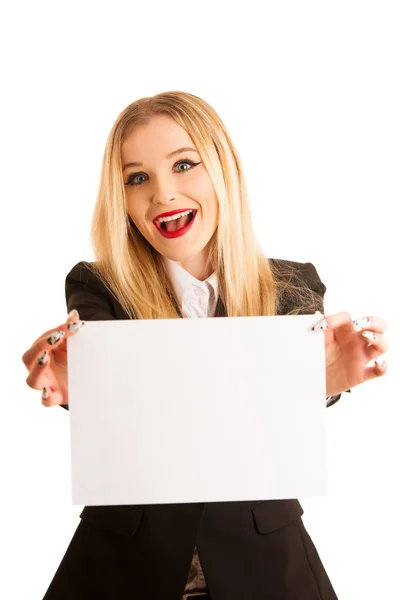 Cute Young Business Woman Golds Blank Paper Place Advertisement Text — Stock Photo, Image