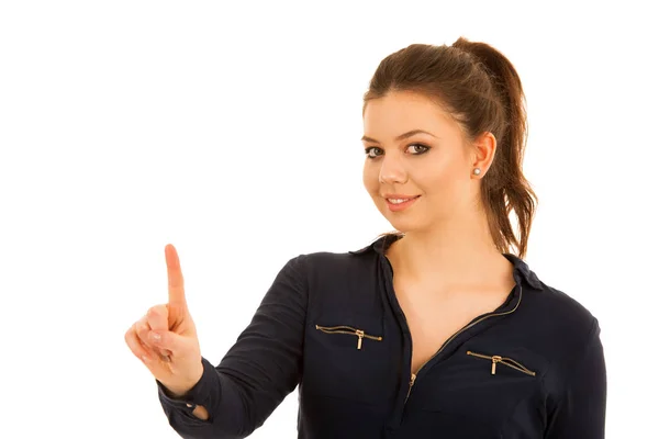 Beautiful business woman pressing a virtual button isolated over — Stock Photo, Image